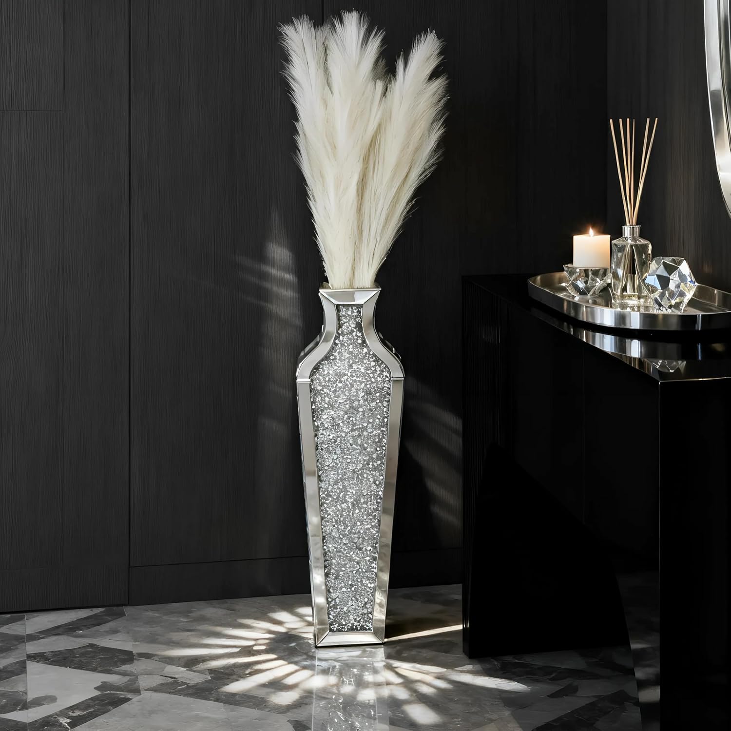 SHYFOY Crushed Diamond Floor Vase with Pampas Grass, Large Silver Mirror Tall Vases for Floor, Modern Luxury Glass Vases Home Decor for Living Room Bedroom Home Corner Indoor Office, 26.8" Tall