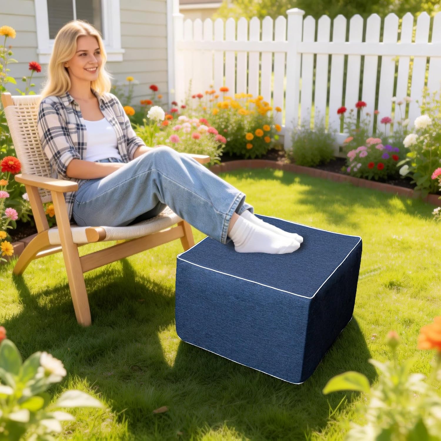 Outdoor Ottoman 20x20x14 Inches Outdoor Square Ottomans for Patio Modern Lightweight Foam Stuffed Pouf Outdoor Footstool Footrest (Navy Blue)
