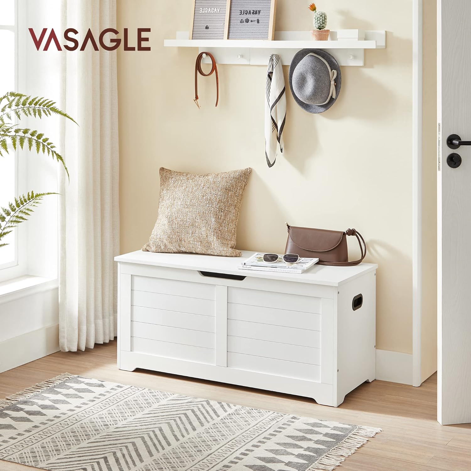 VASAGLE Storage Chest, Storage Bench with 2 Safety Hinges, Farmhouse Style, 15.7 x 39.4 x 18.3 Inches, for Entryway, Bedroom, Living Room, Cloud White ULSB061T10