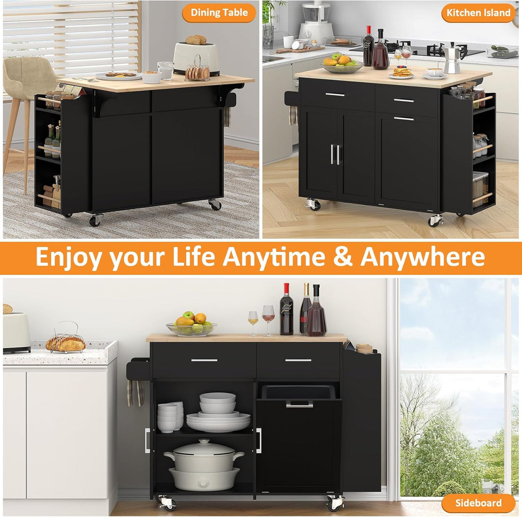 Bigbiglife Kitchen Island with Storage, 50.8" Rolling Kitchen Island Cart with Drop Leaf & Storage - Mobile Kitchen Organizer with Wheels, Rubberwood Top, Trash Can Cabinet & Towel Rack, Black
