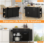 Bigbiglife Kitchen Island with Storage, 50.8" Rolling Kitchen Island Cart with Drop Leaf & Storage - Mobile Kitchen Organizer with Wheels, Rubberwood Top, Trash Can Cabinet & Towel Rack, Black