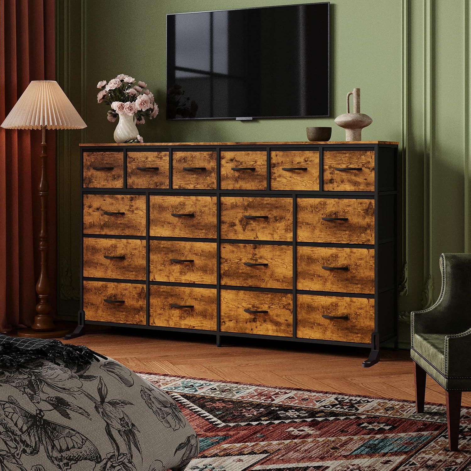 IDEALHOUSE 63'' Long Dresser with 18 Drawers for Bedroom - 18 Drawer Fabric Dresser TV Stand - Large Chest of Drawers for Living Room