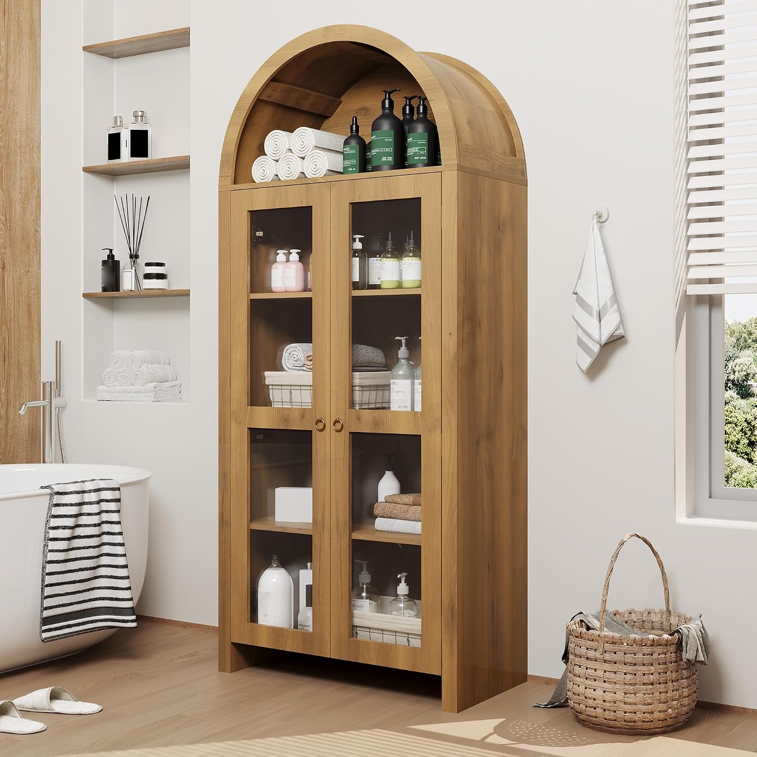 CuisinSmart 70" Tall Arched Storage Cabinet with 2 Acrylic Doors, Wooden Pantry Cabinet with Adjustable Shelves, Modern Accent Bookshelf for Kitchen, Dining Room, Living Room, Laundry, Oak