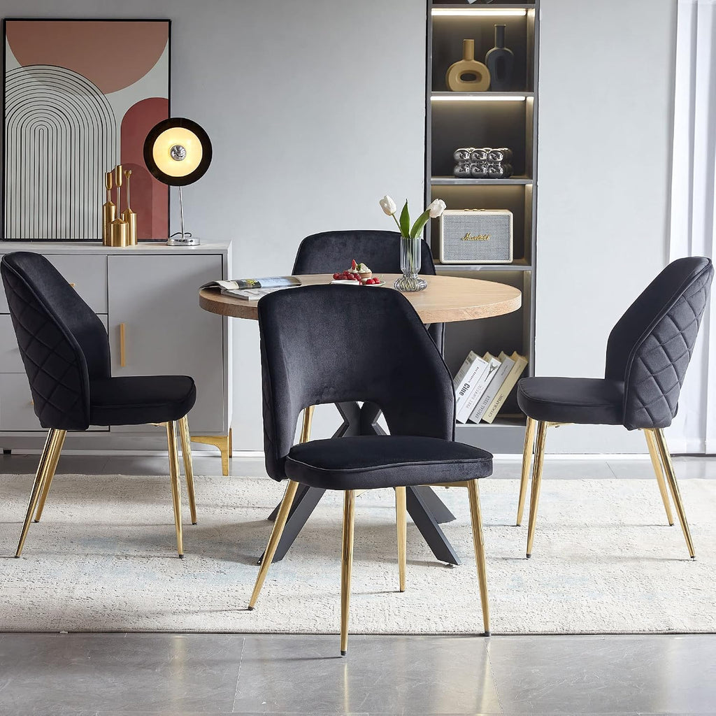 Velvet Black Dining Chairs Set of 4 Modern Accent Chairs Upholstered Dining Room Chairs with Gold Metal Legs Thick Cushions Armless Back Chair for Kitchen Living Room Vanity