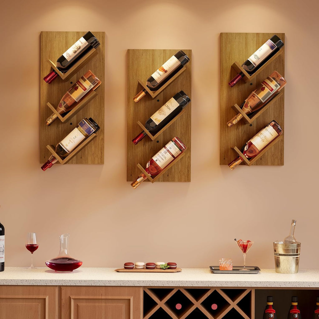 Hoctieon Wine Rack Wall Mounted, 6 Bottles Hanging Wine Racks Bar Shelves for Display & Storage, Rustic Wood Wine Bottle Holder for Home Bar, Kitchen, Dining Room,Warm Brown