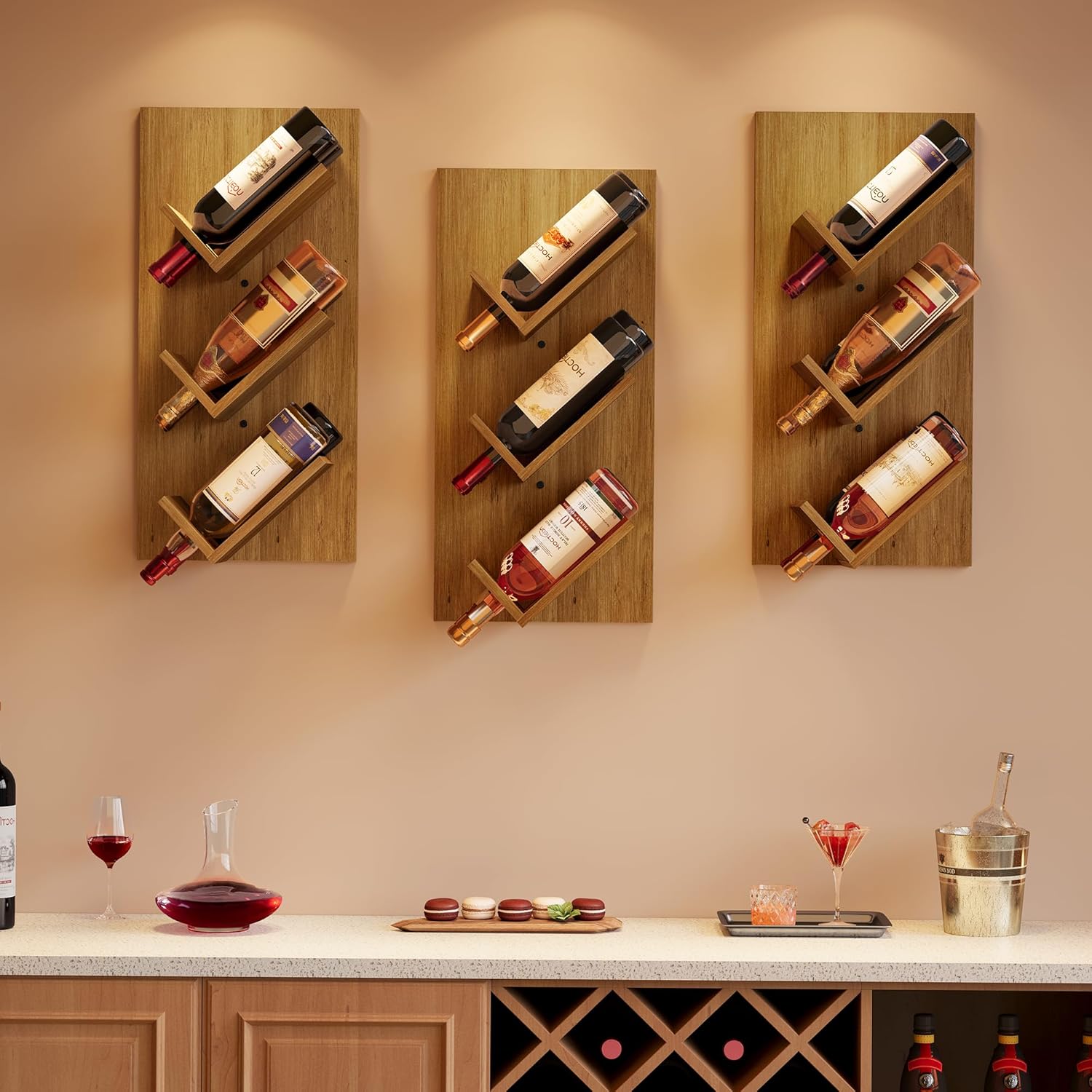 Hoctieon Wine Rack Wall Mounted, 6 Bottles Hanging Wine Racks Bar Shelves for Display & Storage, Rustic Wood Wine Bottle Holder for Home Bar, Kitchen, Dining Room,Warm Brown