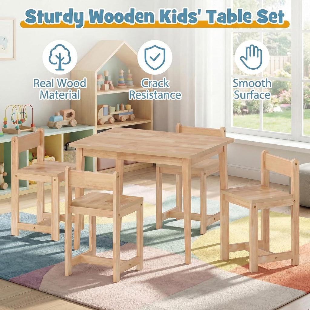 HONEY JOY Kids Table and Chairs, Wooden Activity Table with 4 Chairs Set for Crafts, Homework, Drawing & Snack Time, 5-Piece Playroom and Kindergarten Furniture Set for Children Ages 4+ (Natural)