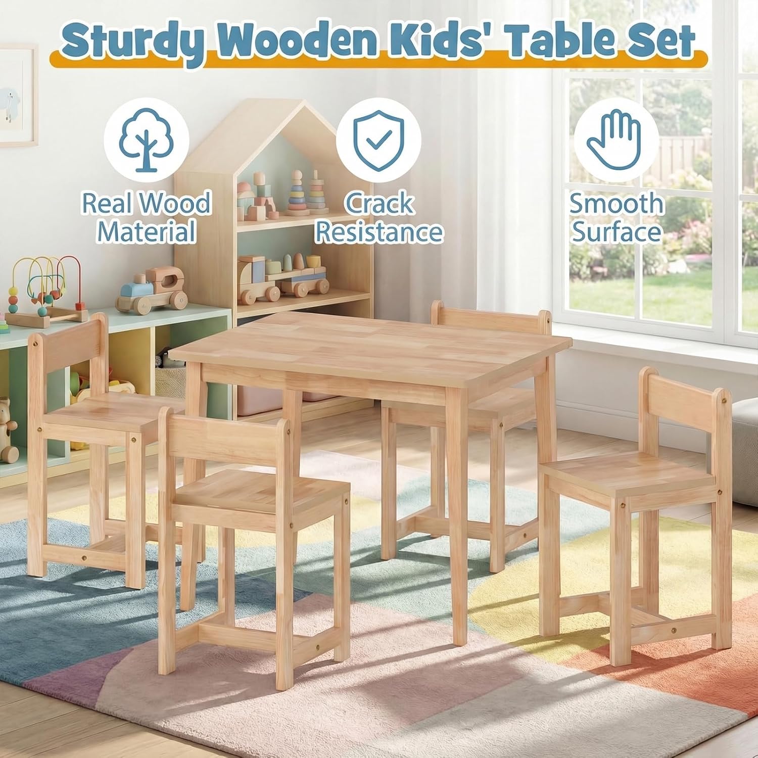 HONEY JOY Kids Table and Chairs, Wooden Activity Table with 4 Chairs Set for Crafts, Homework, Drawing & Snack Time, 5-Piece Playroom and Kindergarten Furniture Set for Children Ages 4+ (Natural)