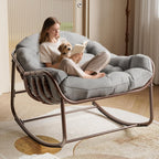 Garvee Outdoor Papasan Rocking Chair, Oversized Wicker Lounge Chair with Cushion and Metal Frame, Patio Rattan Egg Rocker for Balcony Backyard Porch Bedroom (Grey)