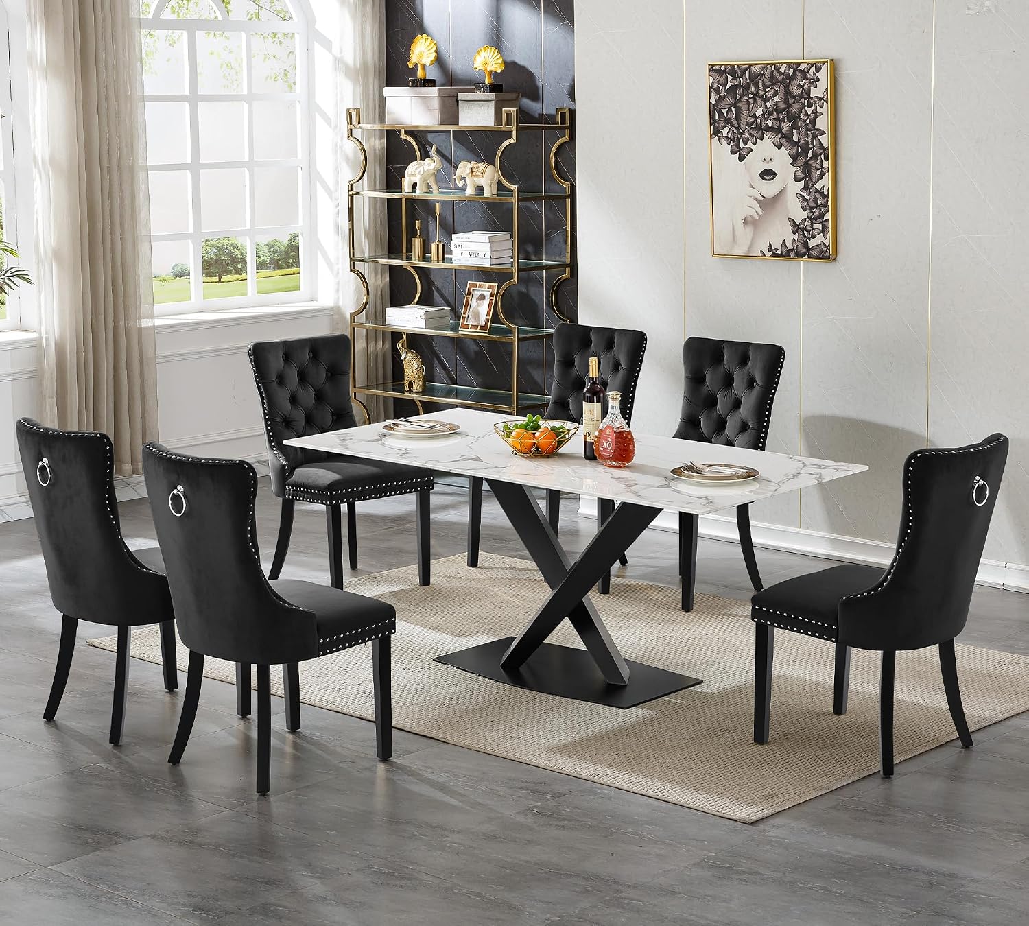 70in Faux Marble Dining Table for 6-8 Person, Modern White Kitchen Dining Room Table with Black X-Shape Carton Steel Pedestal Base, Large Rectangle Dinner Table for Kitchen Dining Room