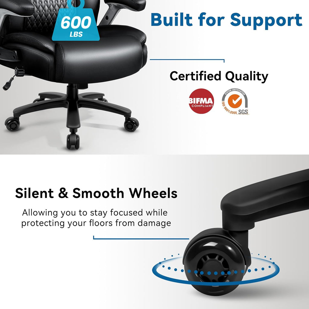 Big and Tall Office Chair 600LBS, Heavy Duty Office Chair for Heavy People, High Back Executive Office Leather Chair with Adjustable Armrests and Lumbar Support, Black Ergonomic Big Tall Chair