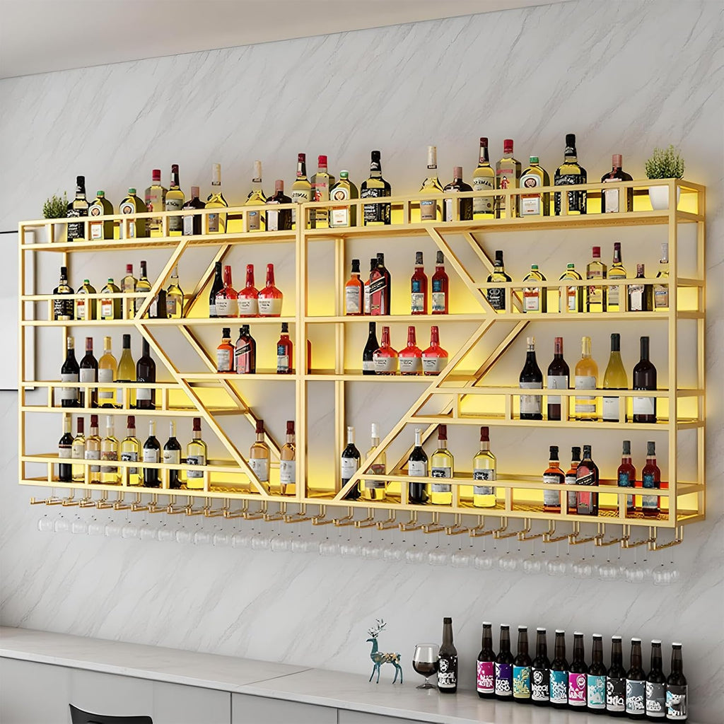 63in Large Wall Mounted Wine Rack, 4 Tier Metal Diamond Shaped Liquor Bottle Shelves Wine Glass Holder, Hanging Liquor Shelf Wall Mounted, for Home Bar Dining Room (4 Tiers Gold, 63 * 7.87 * 48.5INCH)