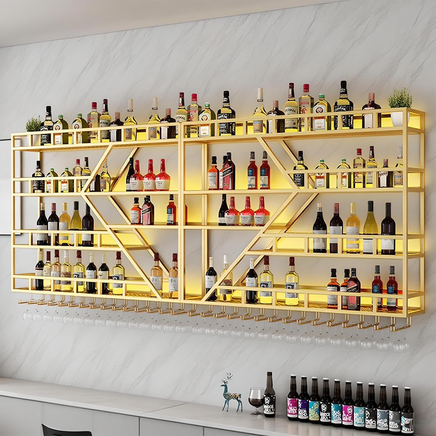 63in Large Wall Mounted Wine Rack, 4 Tier Metal Diamond Shaped Liquor Bottle Shelves Wine Glass Holder, Hanging Liquor Shelf Wall Mounted, for Home Bar Dining Room (4 Tiers Gold, 63 * 7.87 * 48.5INCH)