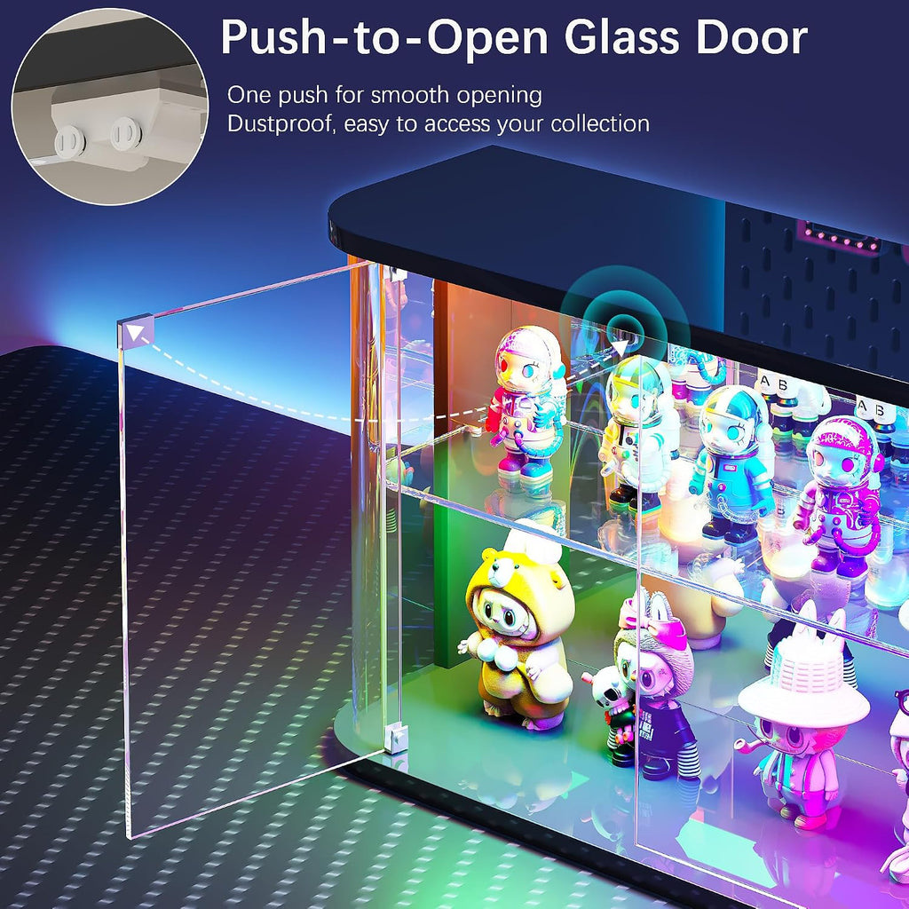 Lvifur Rounded Glass Display Case - for Figures & Collectibles, 2-Tier Curio Display Cabinet with RGB Lights, Small Lighted Display Box with Glass Door, Glass Shelf, Mirror Back, Black