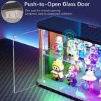 Lvifur Rounded Glass Display Case - for Figures & Collectibles, 2-Tier Curio Display Cabinet with RGB Lights, Small Lighted Display Box with Glass Door, Glass Shelf, Mirror Back, Black