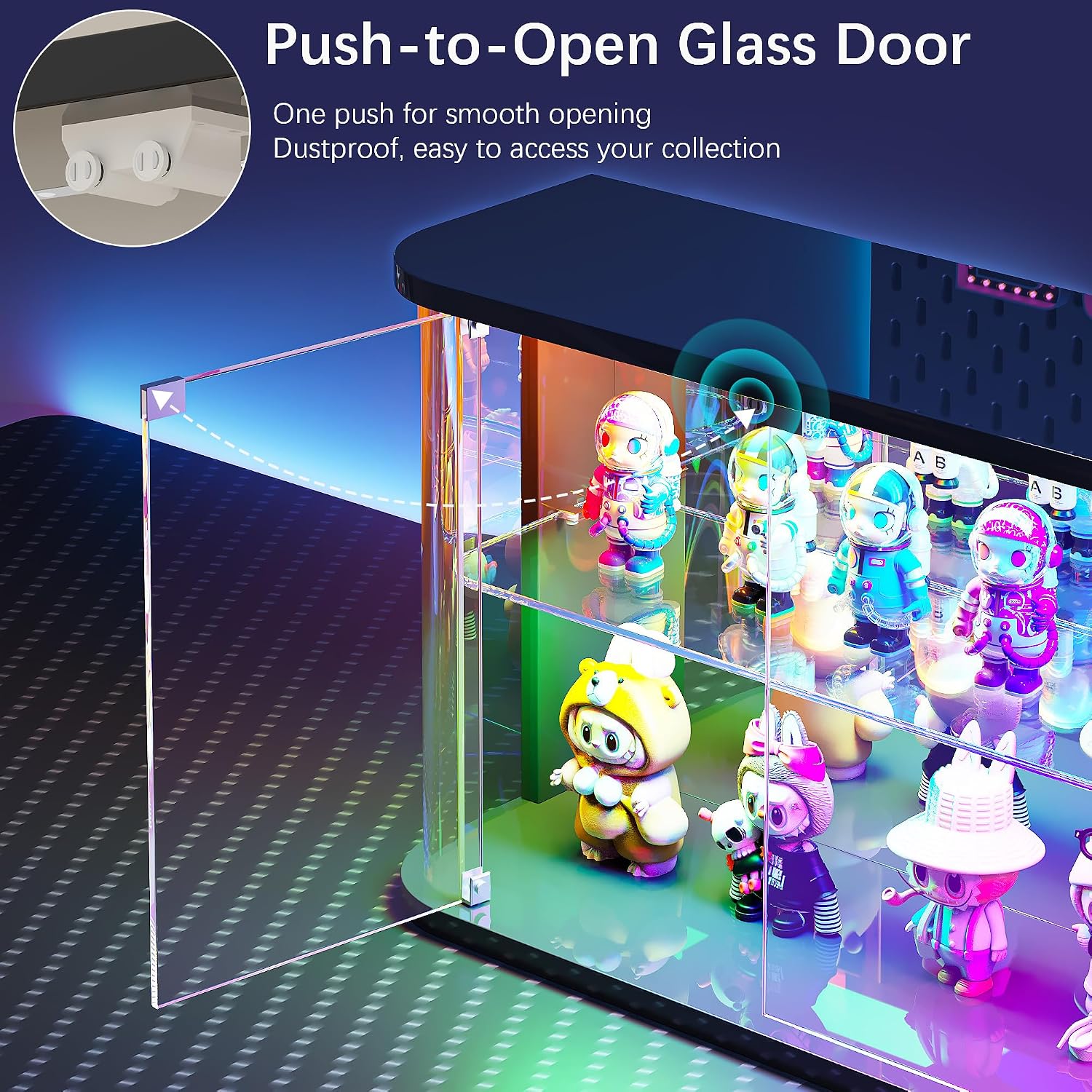 Lvifur Rounded Glass Display Case - for Figures & Collectibles, 2-Tier Curio Display Cabinet with RGB Lights, Small Lighted Display Box with Glass Door, Glass Shelf, Mirror Back, Black
