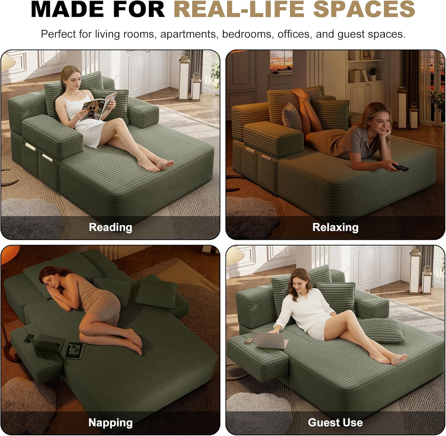60.2" Oversized Chaise Lounge Chair, Boneless Corduroy Cloud Couch, Deep Seat Convertible Sofa Bed with 3 Pillows, Wide Armrests, Side Pocket, No Assembly (Green)