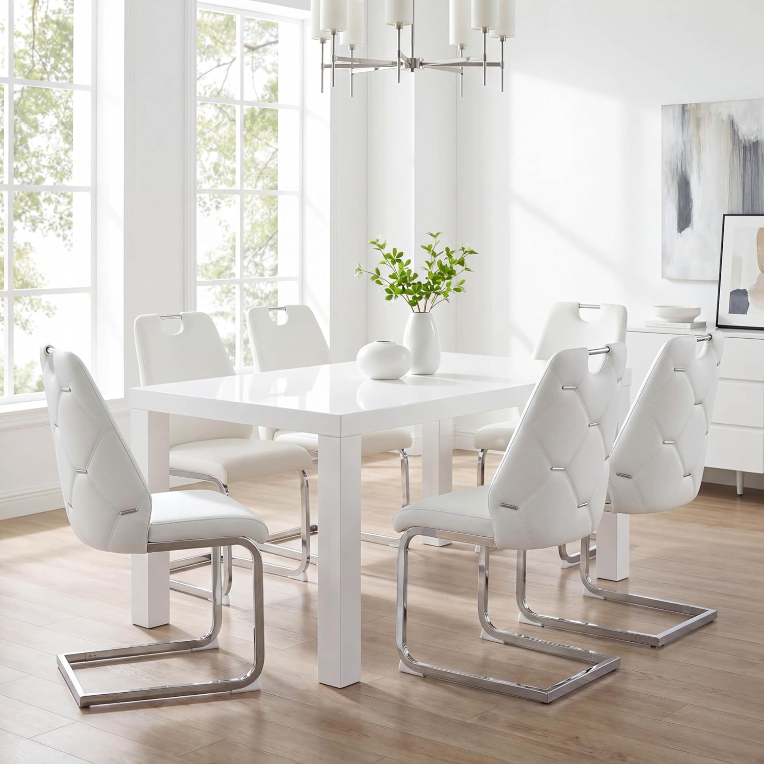 Dining Room Chairs Set of 6, Sillas para Comedor, Modern Dining Chairs Set of 6 with Leather,Geometric Tufted Back,Chrome Leg,Ergonomic Design,Easy to Clean,for Kitchen,Living Room(White,6)