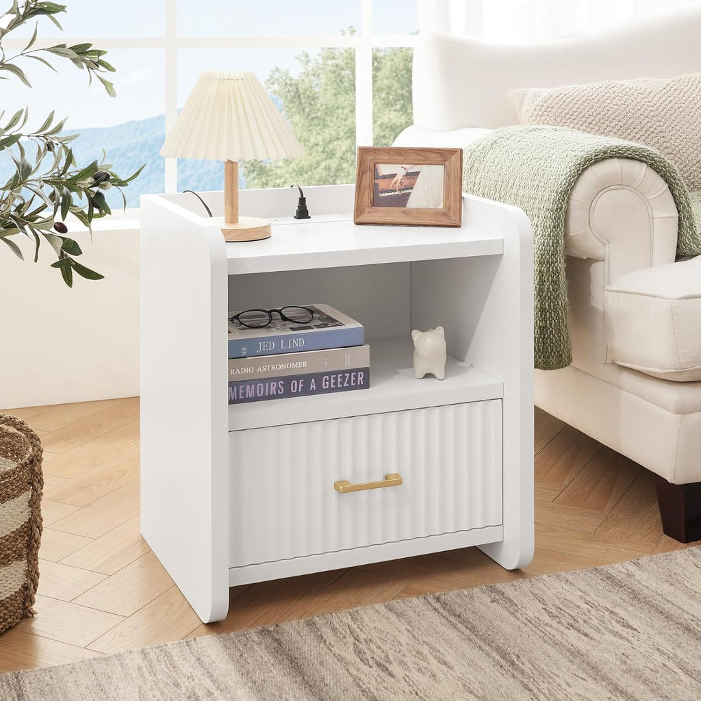 Night Stand with Charger Station - Modern Wood Nightstand with Drawer Storage, Fluted Wide Nightstands Bedside Table, Mid Century Night Stands for Bedroom Home Office Sofa, White