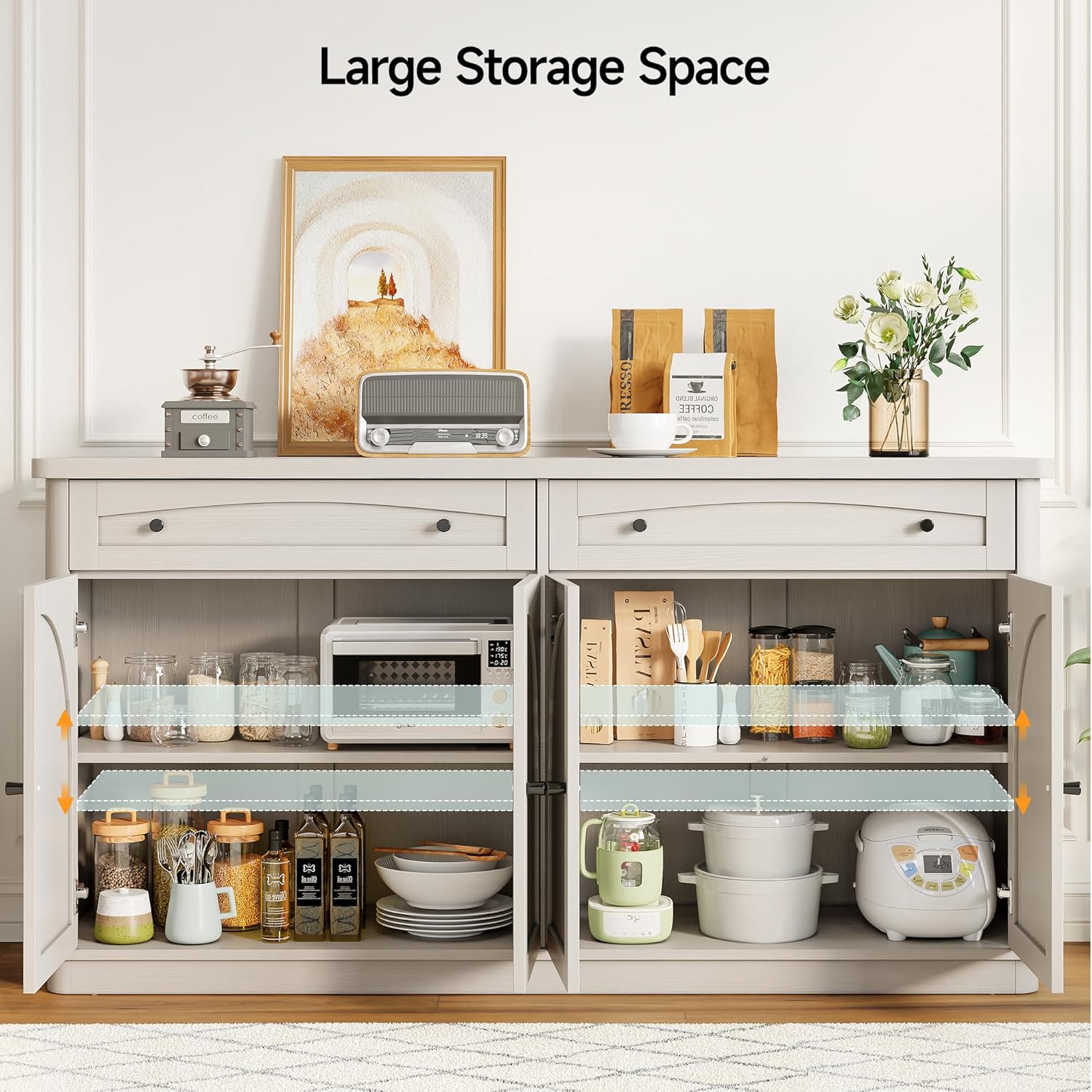 ONBRILL 63 Inch Buffet Cabinet with Storage, Curved Sideboard Cabinet with 2 Drawers and 4 Arched Doors, Storage Cabinets with Adjustable Shelves, Sideboard Buffet for Living Room, Kitchen, Grey Oak