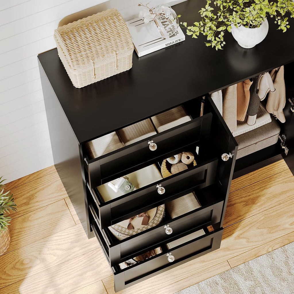 VOWNER 43''H Armoire Wardrobe Closet with 4 Drawers and 2 Doors | Small Clothing Storage Cabinet Dresser with Hanging Rod, Baby Closet Clothes Wardrobe for Bedroom, Black
