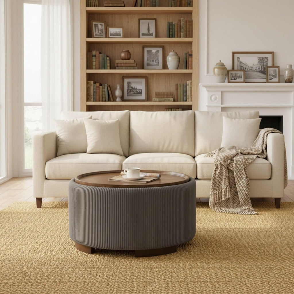 29.5-Inch Round Coffee Table Ottoman with Storage, Multi-Functional Storage Ottoman and Stylish Coffee Table, Flip-Top Tray and Hidden Stow, Suitable for Living Room, Bedroom (Grey)