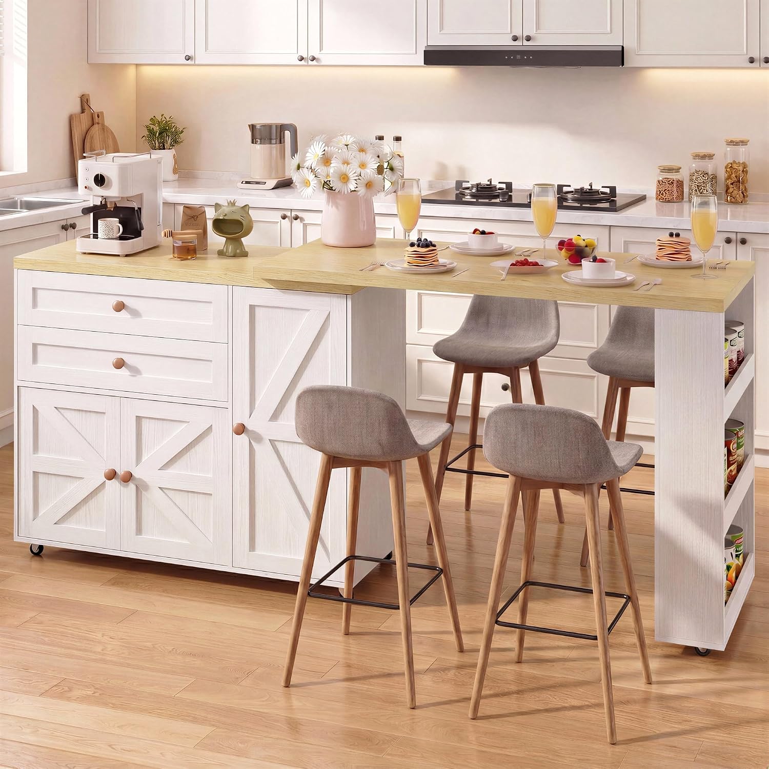 IRONCK Kitchen Island with 360° Swivel Table, 23.6 in Depth Mobile Kitchen Cart with Cabinet, Spice Rack and Drawers, White