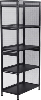 60x32x141.5cm Black Mesh Pantry Rack, 5-Tier Storage Cabinet with Flip-Up Doors, Rolling Wire Shelf Organizer for Kitchen Garage, Narrow Slim Cart on Wheels, Locking Casters, Adjustable Leveling Feet