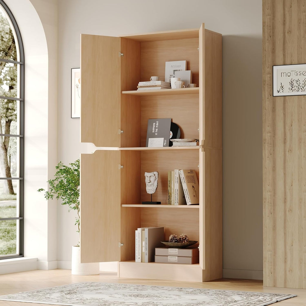 Housoul 71" Tall Freestanding Pantry Cabinet, 4 Doors Larder Cupboard with Adjustable Shelves, Kitchen Hutch for Kitchen & Dining Room, Oak