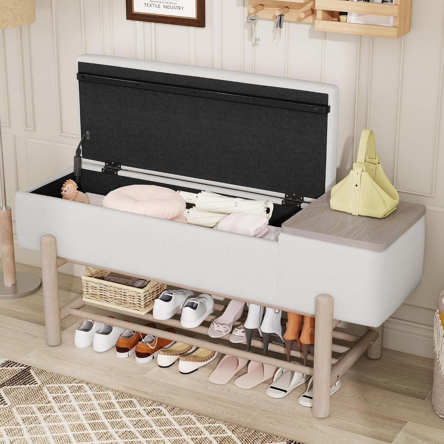 RUNNA Farmhouse Upholstered Storage Bench with Hidden Compartment, Modern Entryway Bench for Living Room,Entryway,and Hallways (Natural#14)