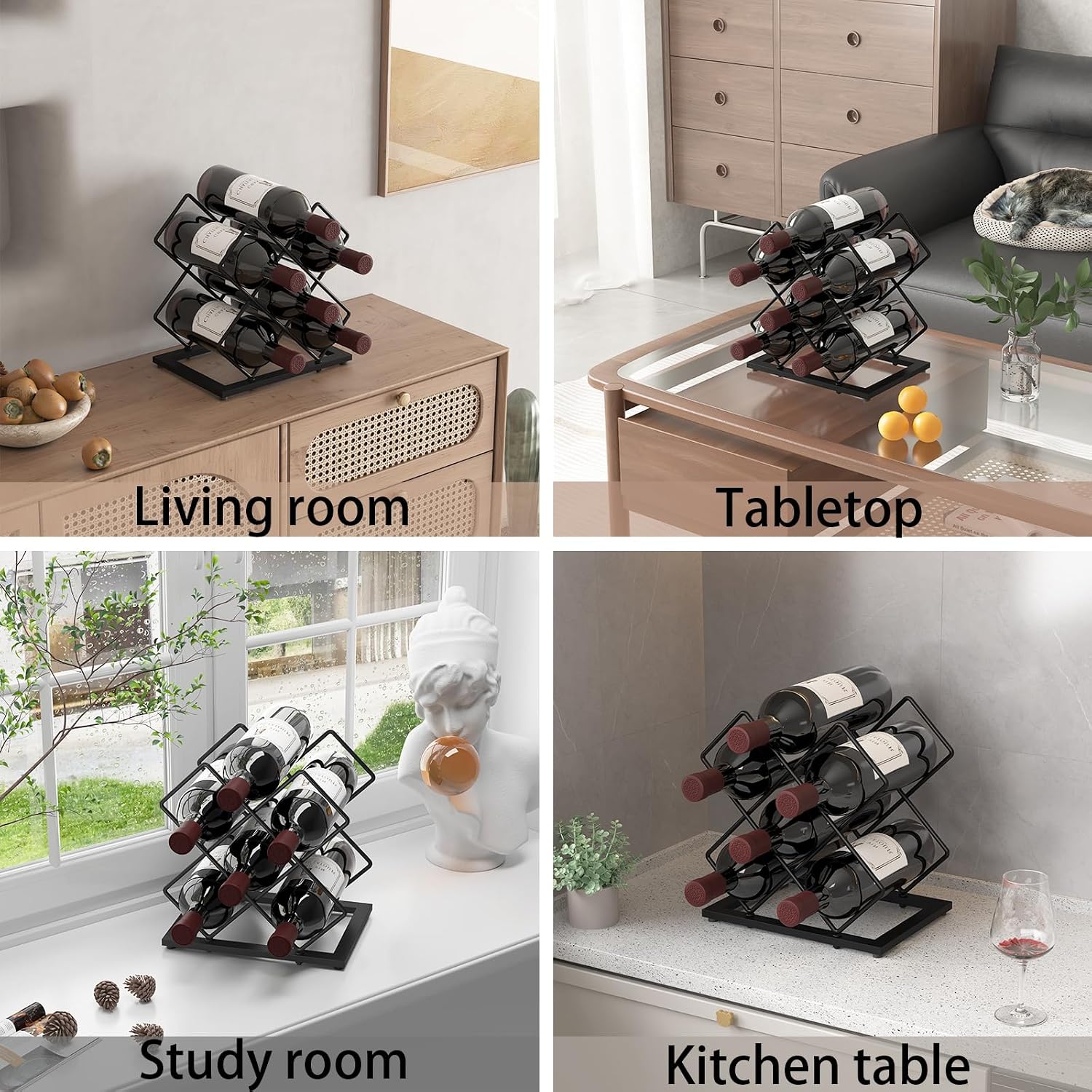Countertop Wine Rack, 6 Bottles Wine Storage Capacity, Modern Corner Metal Wine Bottle Holder for Bar, Cabinet, Pantry, Tabletop Wine Racks for Cup and Water Bottle – Black