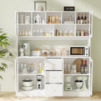 VOWNER Large Kitchen Hutch Cabinet, Kitchen Pantry Storage Cabinet with 6 Glass Doors, 3 Drawers & Microwave Shelf, Freestanding Cupboard for Open Storage (White)