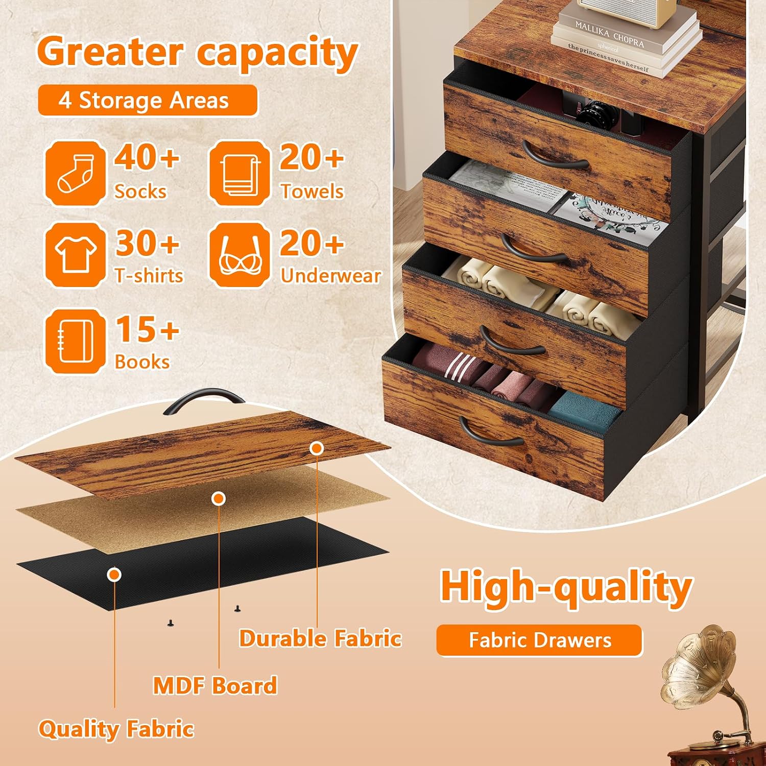 Furnulem Night Stand with Charger Station, 4 Fabric Drawers and LED Lights | 38'' Tall Bedside Table with Storage Shelf for Bedroom, Office, Metal Frame, Wood Shelves, Rustic Brown Nightstand
