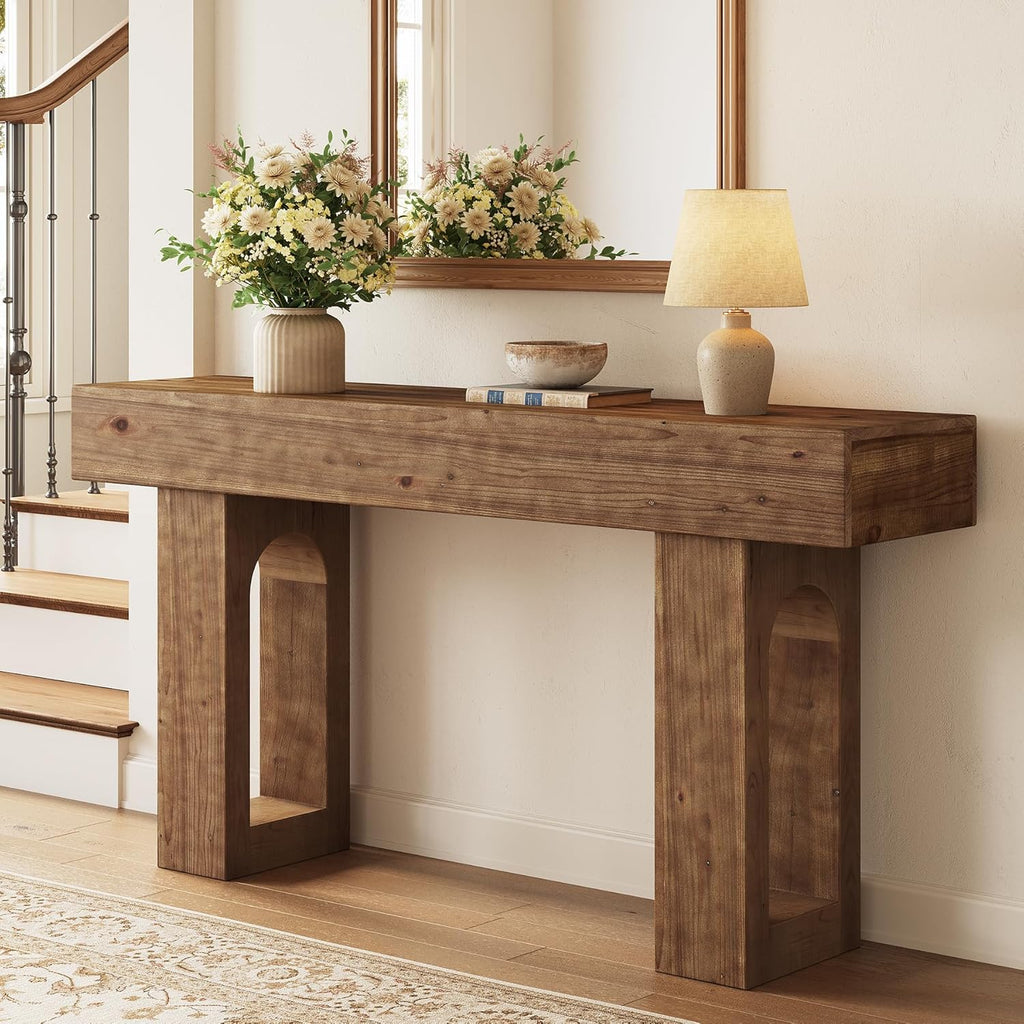 Solid Wood Console Table, 63-Inch Long Farmhouse Entryway Table, Sofa Console Behind Couch, for Foyer, Hallway, Living Room, Dark Brown