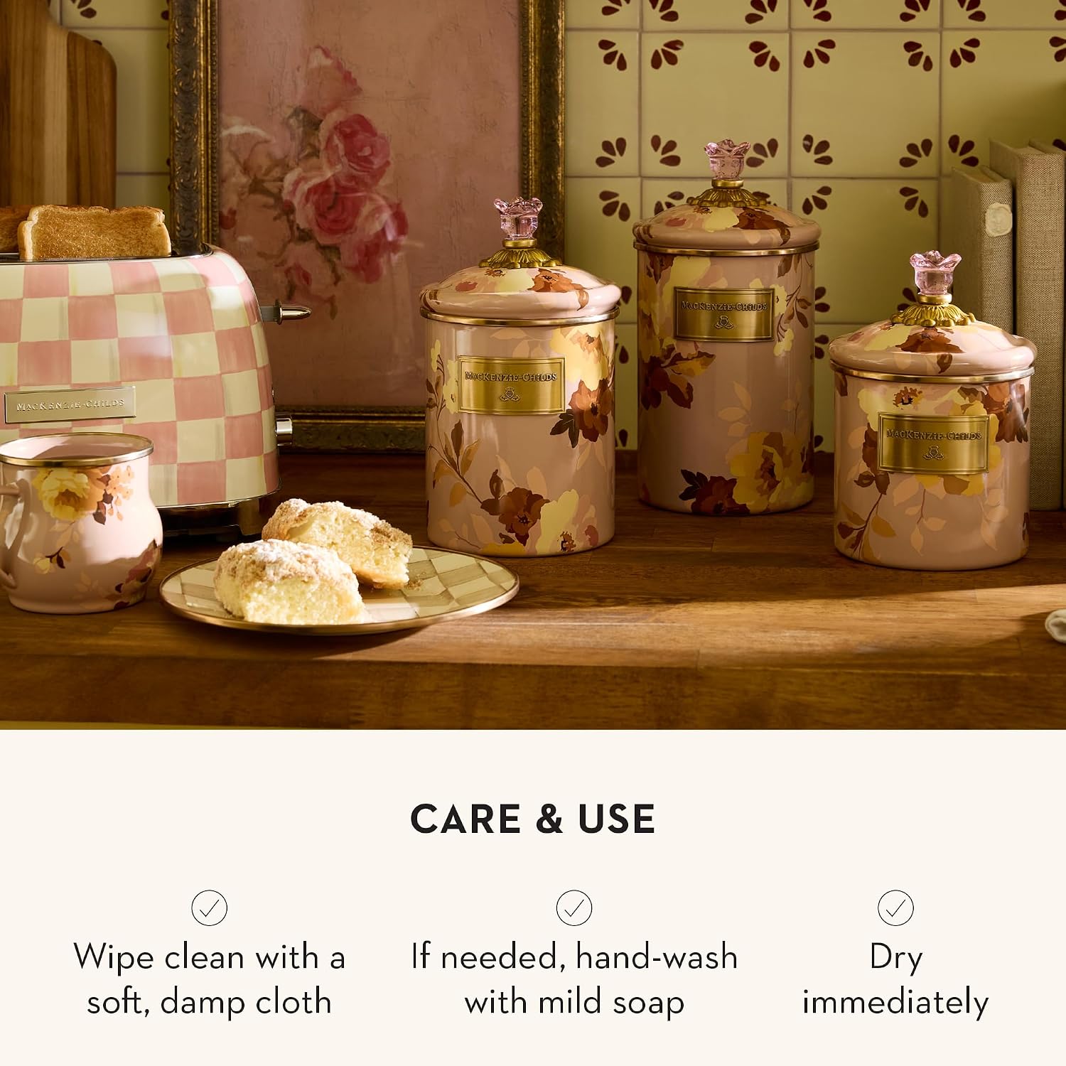 MACKENZIE-CHILDS Enamel Canister, Kitchen Storage Container with Lid, Small, 38-Ounce Capacity, Wild Rose Mauve