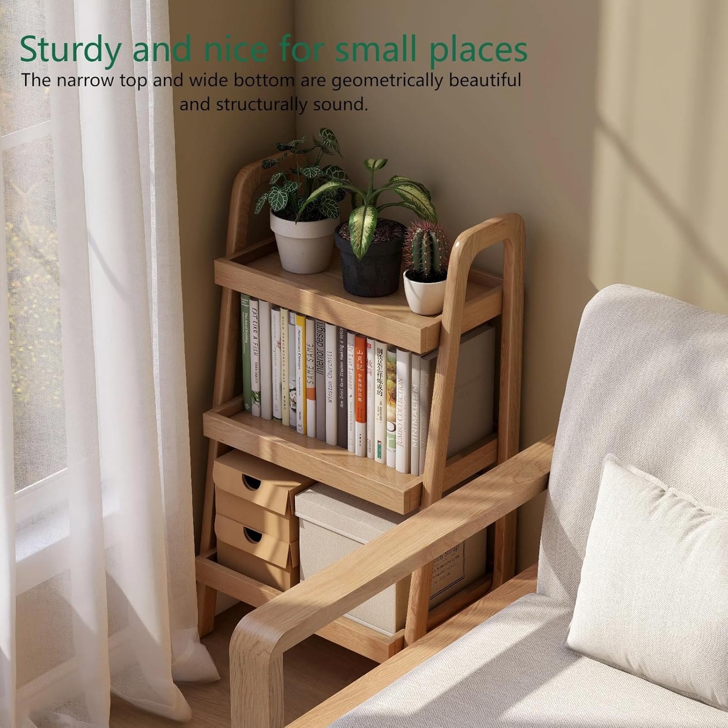 100% Solid Wood 3-Tier Ladder Shelf, Small Bookcase, Storage End Table, Open Display Stand for Living Room, Bedroom, Kitchen, Bathroom (Original Wood Color)