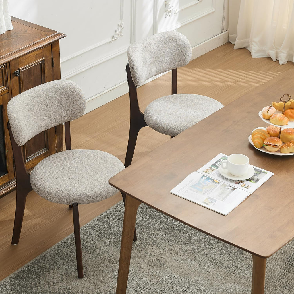 Set of 2 Upholstered Dining Chairs, Mid Century Modern Wood Dining Room Chairs with Curved Back, Solid Wooden Legs Padded Kitchen Chairs & Side Chairs for Home, Restaurant, Cafe - Beige Fabric