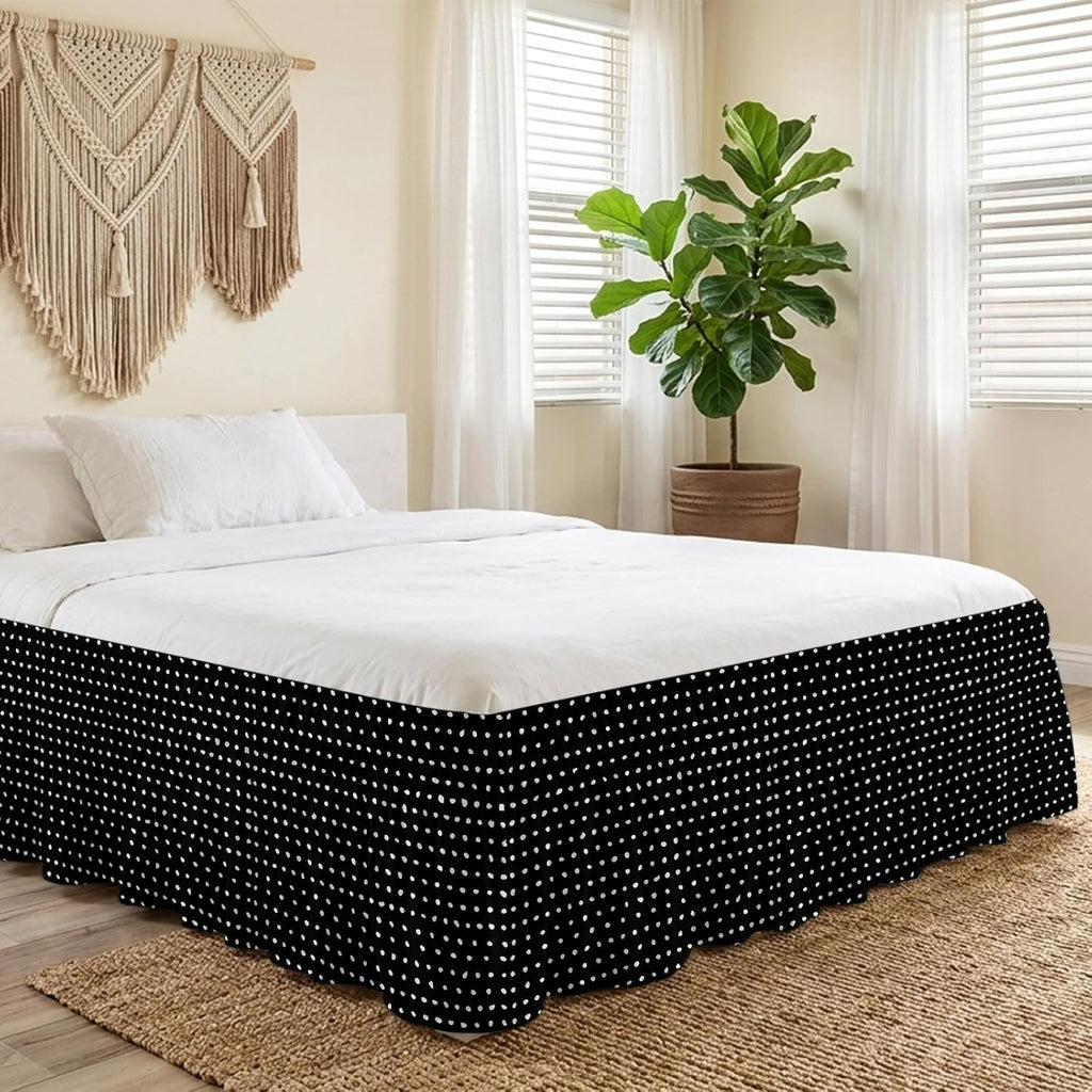 Black Bed Skirt Cal King Size 18 Inch Drop, Adjustable & Elastic Wrap Around Bed Skirts Pleated Luxury Dust Ruffles For Twin Full Queen Cal King Base Bed, Abstract White Polka Dot Geometric Modern Art