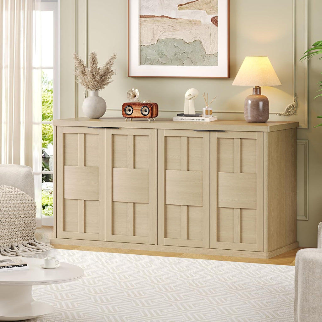 DynJest 60" Oak Buffet Cabinet Sideboard with Storage, Console Table | Large Capacity Credenza with 4 Fluted Doors & Shelves, Modern Farmhouse Buffet Cabinet for Home Office Kitchen Living Room