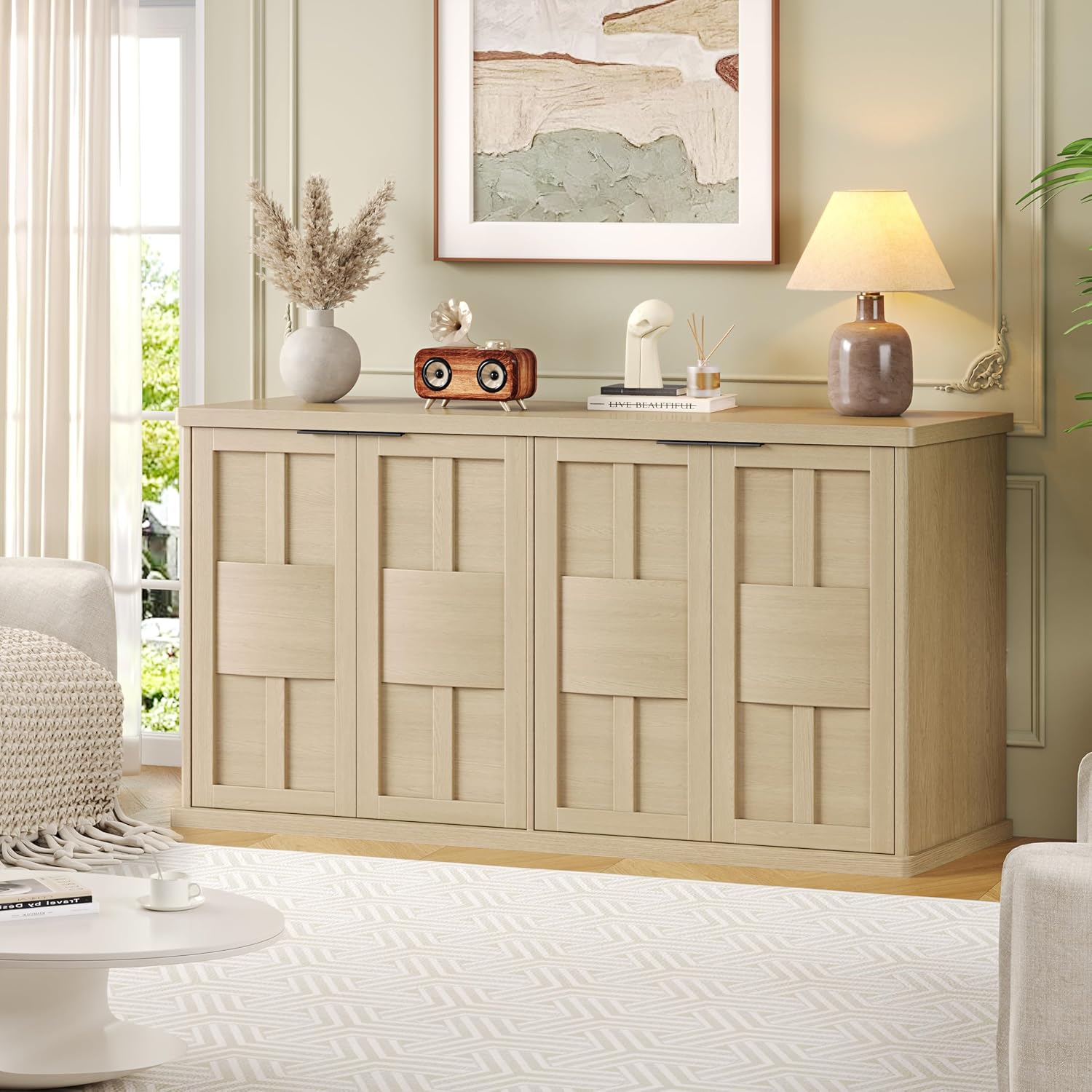 DynJest 60" Oak Buffet Cabinet Sideboard with Storage, Console Table | Large Capacity Credenza with 4 Fluted Doors & Shelves, Modern Farmhouse Buffet Cabinet for Home Office Kitchen Living Room