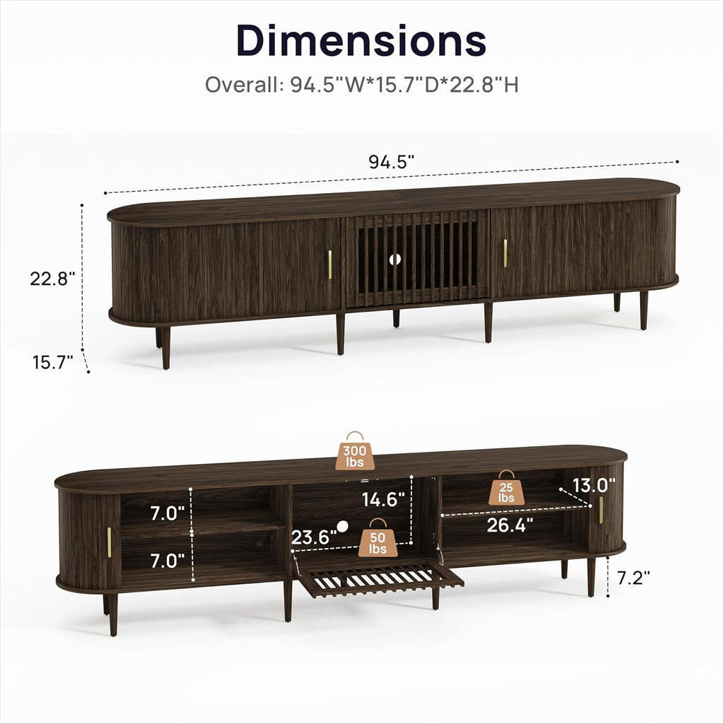 94.5" Fluted Mid Century Modern TV Stand for TVs Up to 80/85/86/90/98/100", Tambour Sliding Doors Entertainment Center with Storage&LED, Curved Media&TV Console Long TV Stands for Living Room, Walnut