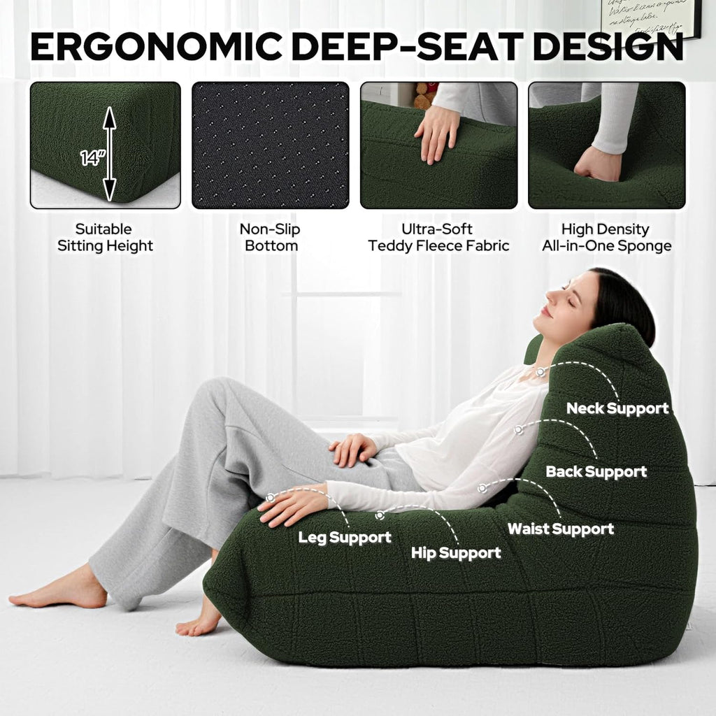 HABUTWAY Bean Bag Chairs Fireside Lazy Floor Sofa, Soft Teddy Fleece Bean Bag Sofa with High-Resilience Foam Filling，Beanbag for Living Room, Bedroom, Office (Green Teddy)
