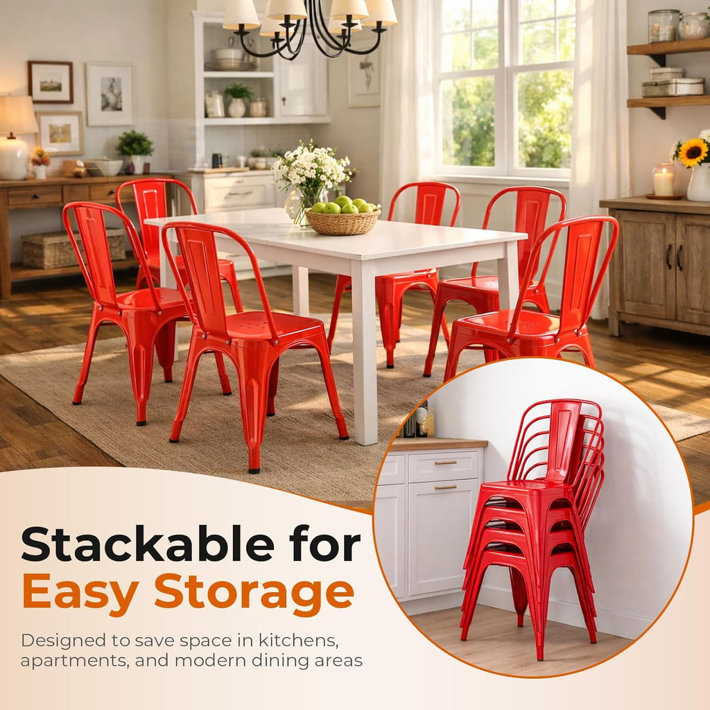 Set of 8 Salsa Red Metal Dining Chairs, Bold Stackable Kitchen Chairs, Industrial Steel Side Chairs for Indoor Restaurant & Cafe