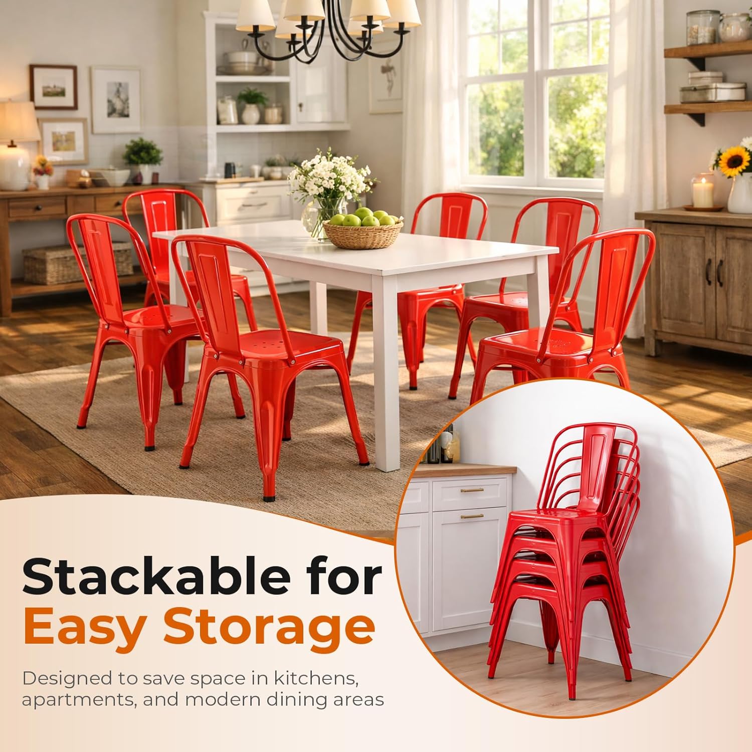Set of 8 Salsa Red Metal Dining Chairs, Bold Stackable Kitchen Chairs, Industrial Steel Side Chairs for Indoor Restaurant & Cafe