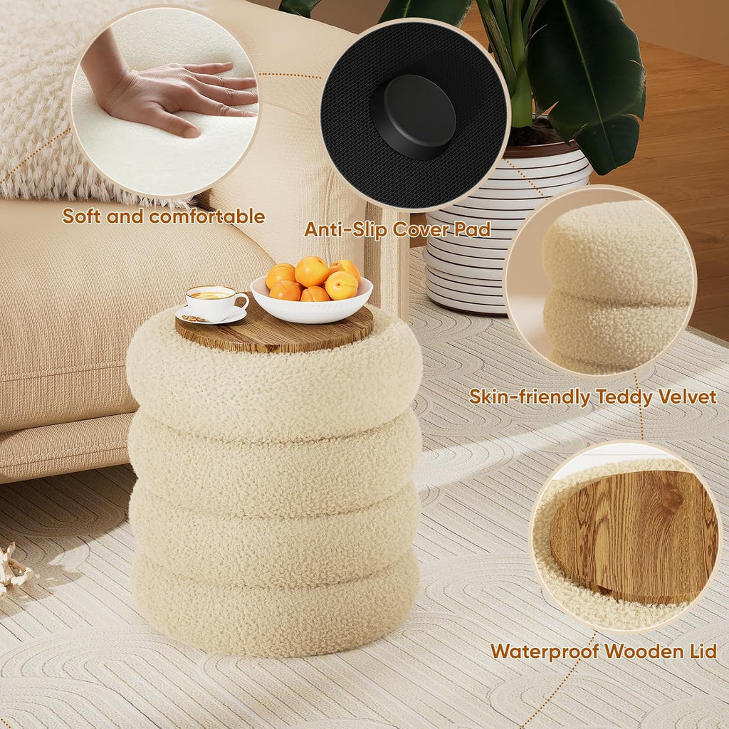 Soft Teddy Round Ottoman with Tray, 17.5 Inches Ottoman Coffee Table with Storage for Living Room, Vanity Stool with Storage Bedroom, Load up to 300 lb, No Assembly Required (Beige)