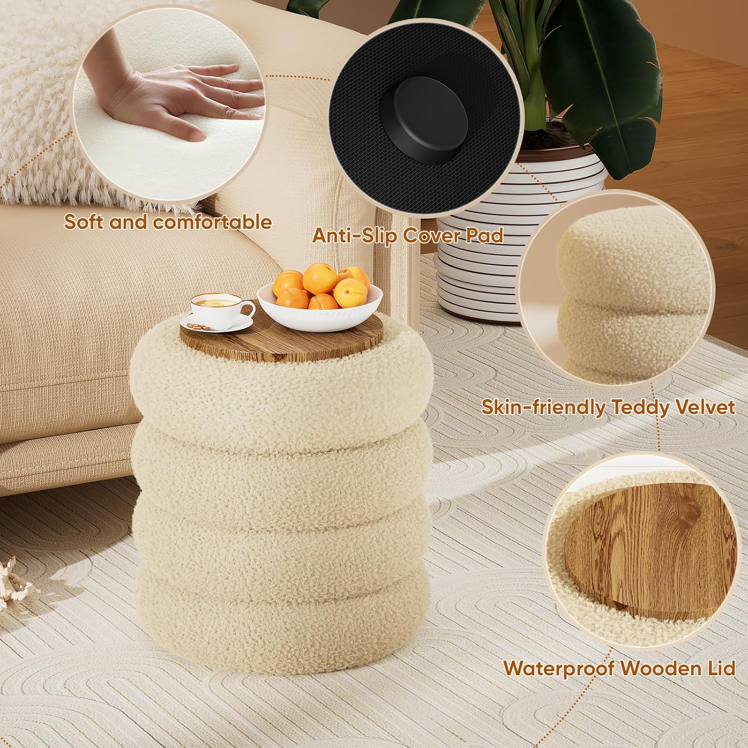 Soft Teddy Round Ottoman with Tray, 17.5 Inches Ottoman Coffee Table with Storage for Living Room, Vanity Stool with Storage Bedroom, Load up to 300 lb, No Assembly Required (Beige)
