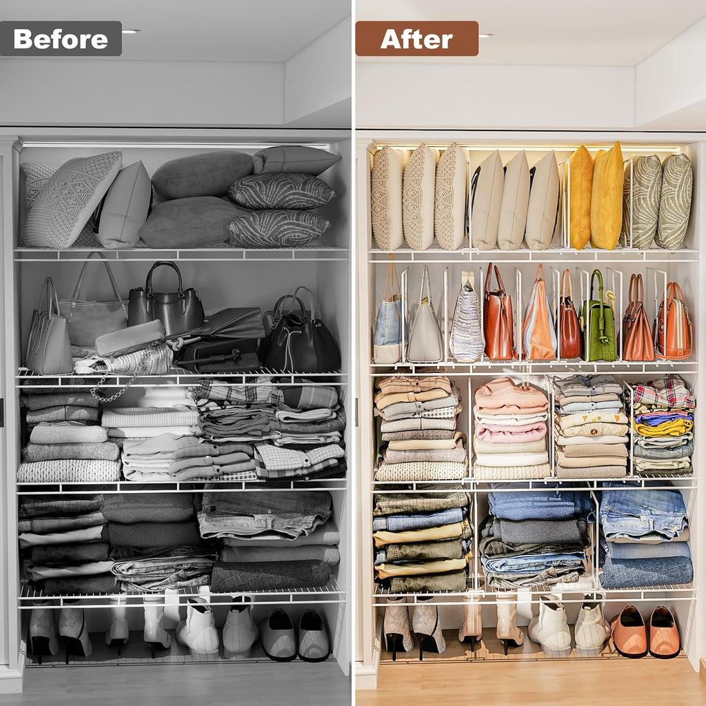 Wire Shelf Dividers for Closet: Clothes, Purse, Sweater Organizer, Vertical White Metal Rack Separators for Pantry, Bedroom, Kitchen Organization on Shelving (12" D x 10.6" H, 8 Pack)