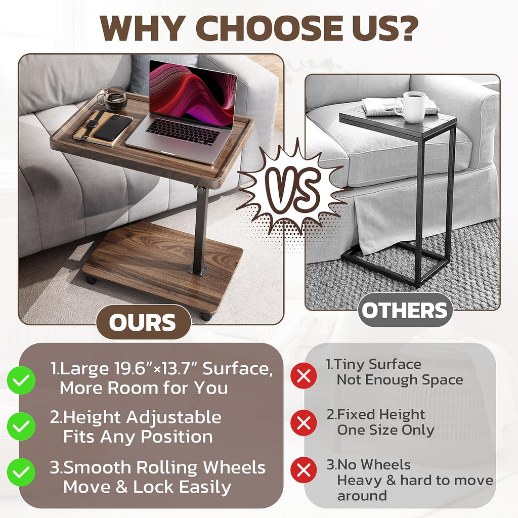 Large C-Shaped End Table, Swivel TV Tray, Couch Side Table Wood | Adjustable Height 360° Swivel, Slide Under Sofa, Multi-Use Couch/Bed/Overbed Table, Small TV Dinner Tray For Couch Dining