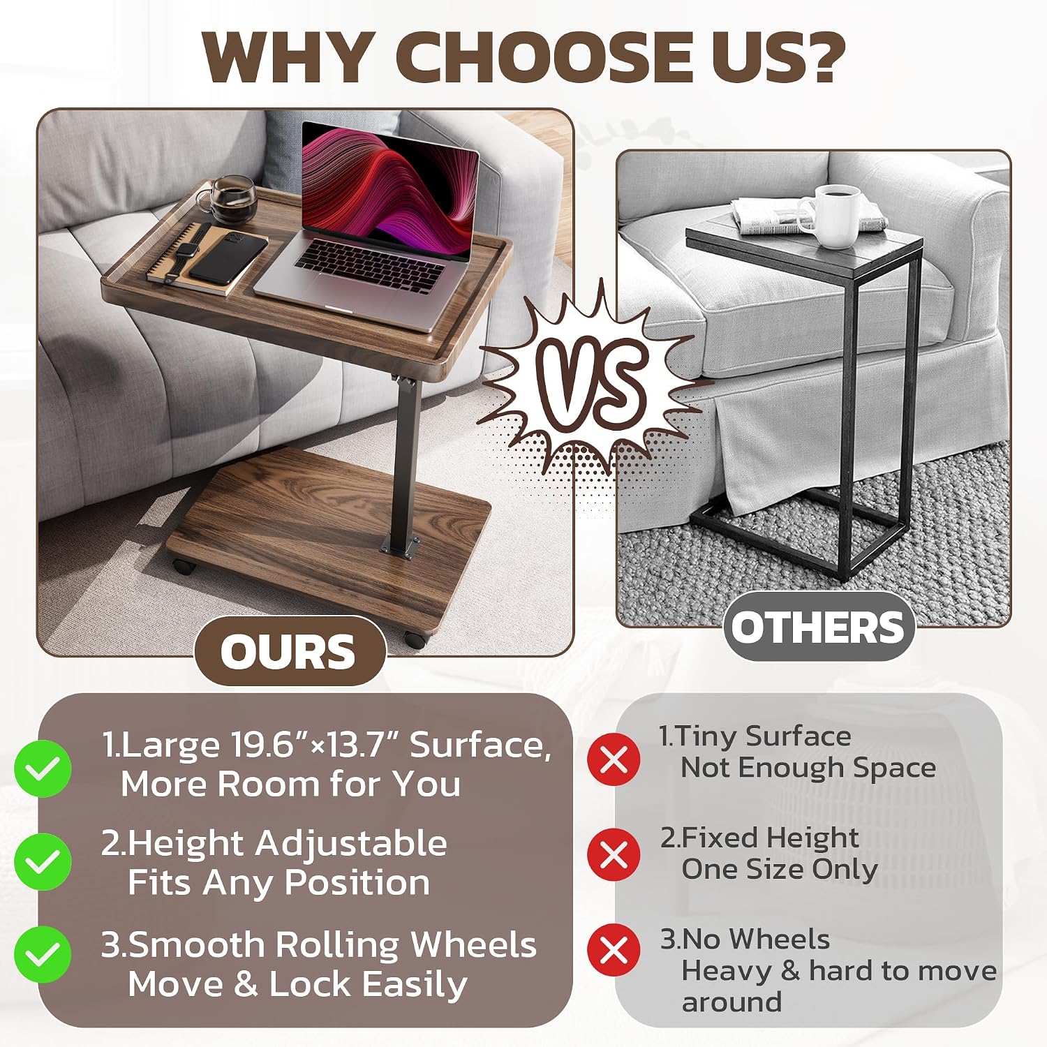 Large C-Shaped End Table, Swivel TV Tray, Couch Side Table Wood | Adjustable Height 360° Swivel, Slide Under Sofa, Multi-Use Couch/Bed/Overbed Table, Small TV Dinner Tray For Couch Dining