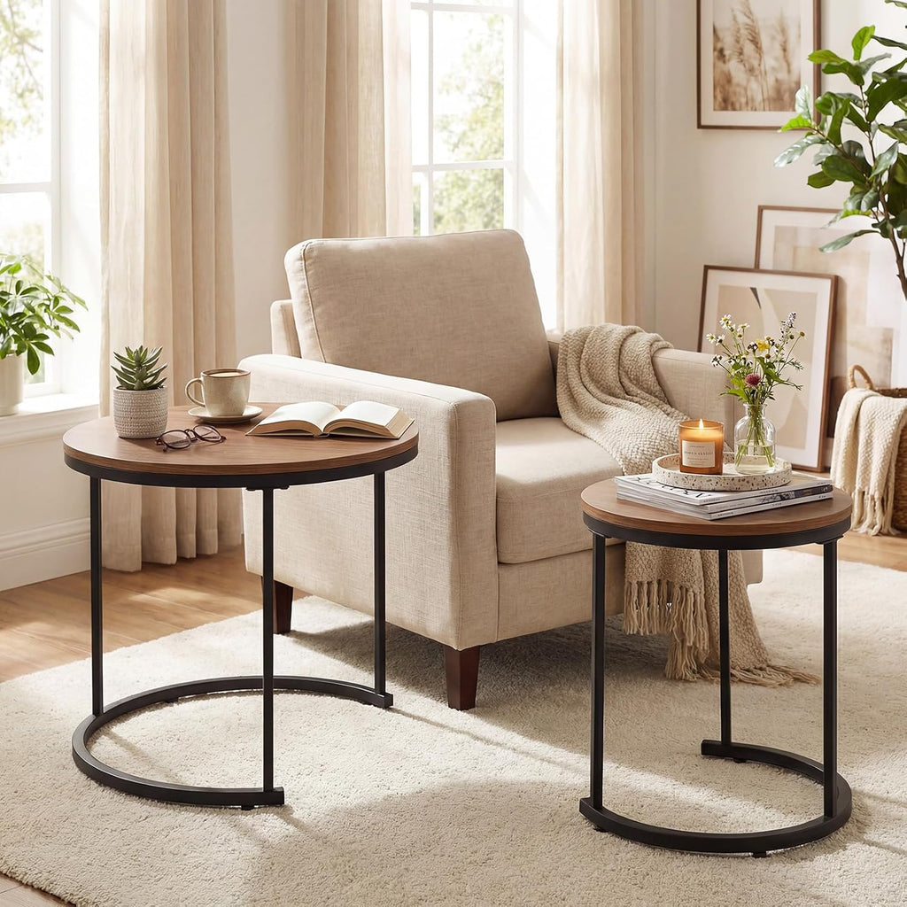 GOFLAME Nesting Coffee Tables Set of 2, Stacking Round Center Table with Wooden Tabletop & Powder Coated Steel Frame, Living Room Coffee End Table Set for Apartment, Bedroom (Brown & Black)